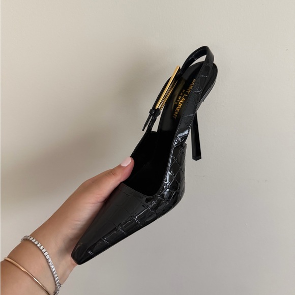 Saint Laurent Black Croc-Embossed Slingback Heels - Picture 3 of 3